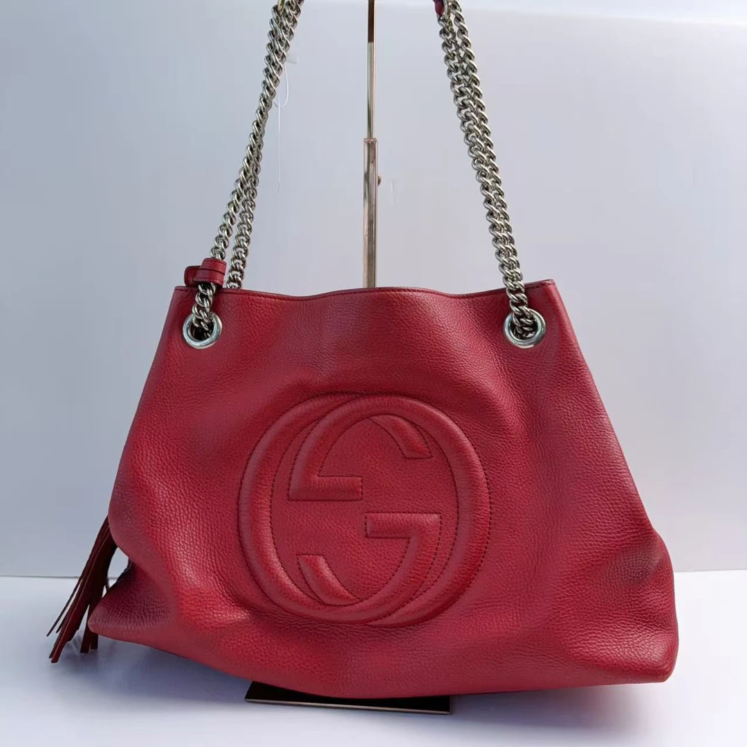 99新 GUCCI/古驰 古驰红色大logo流苏单肩包