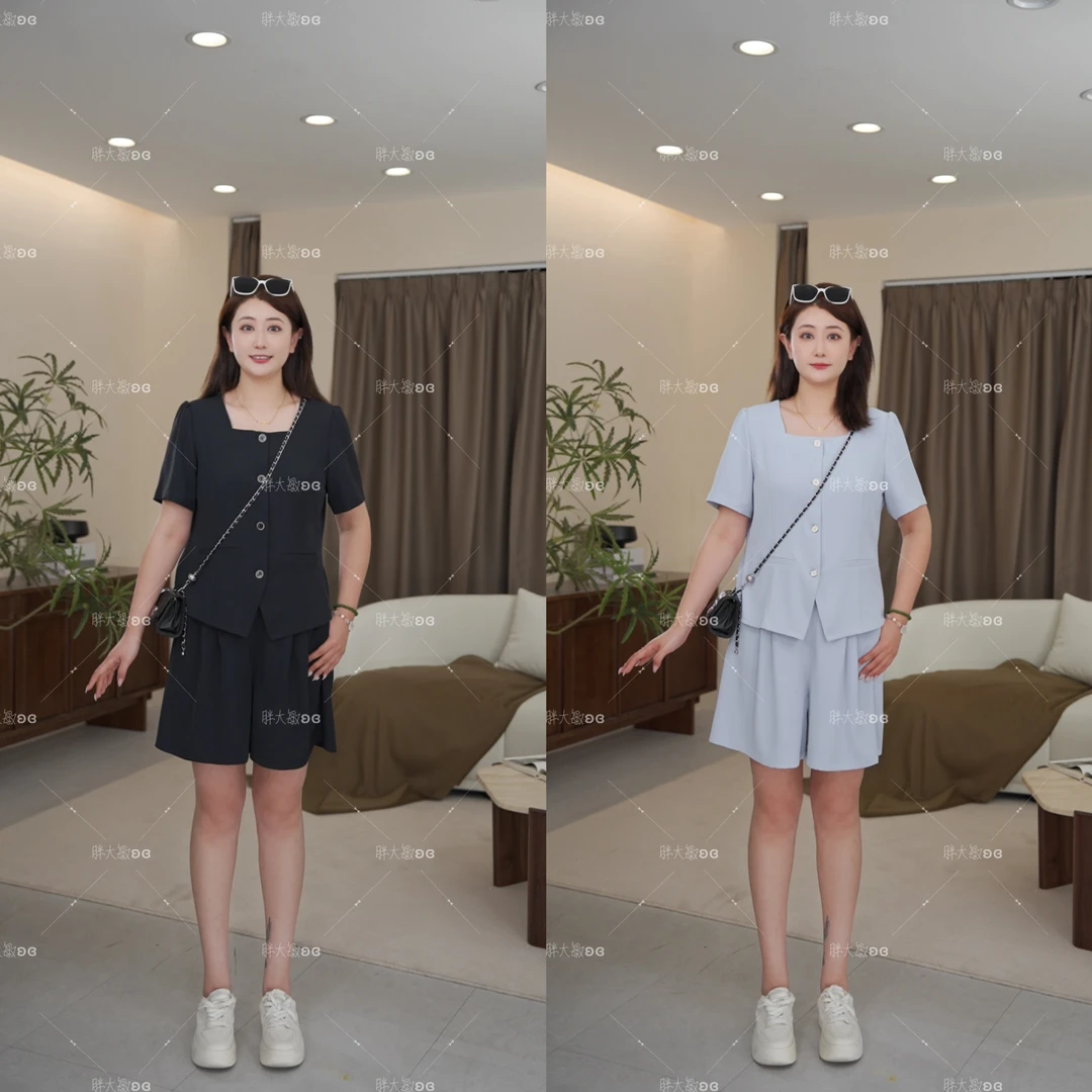 【上新套装】PDM22305+PDM22304夏季新款方领衬衫阔腿短裤两件套