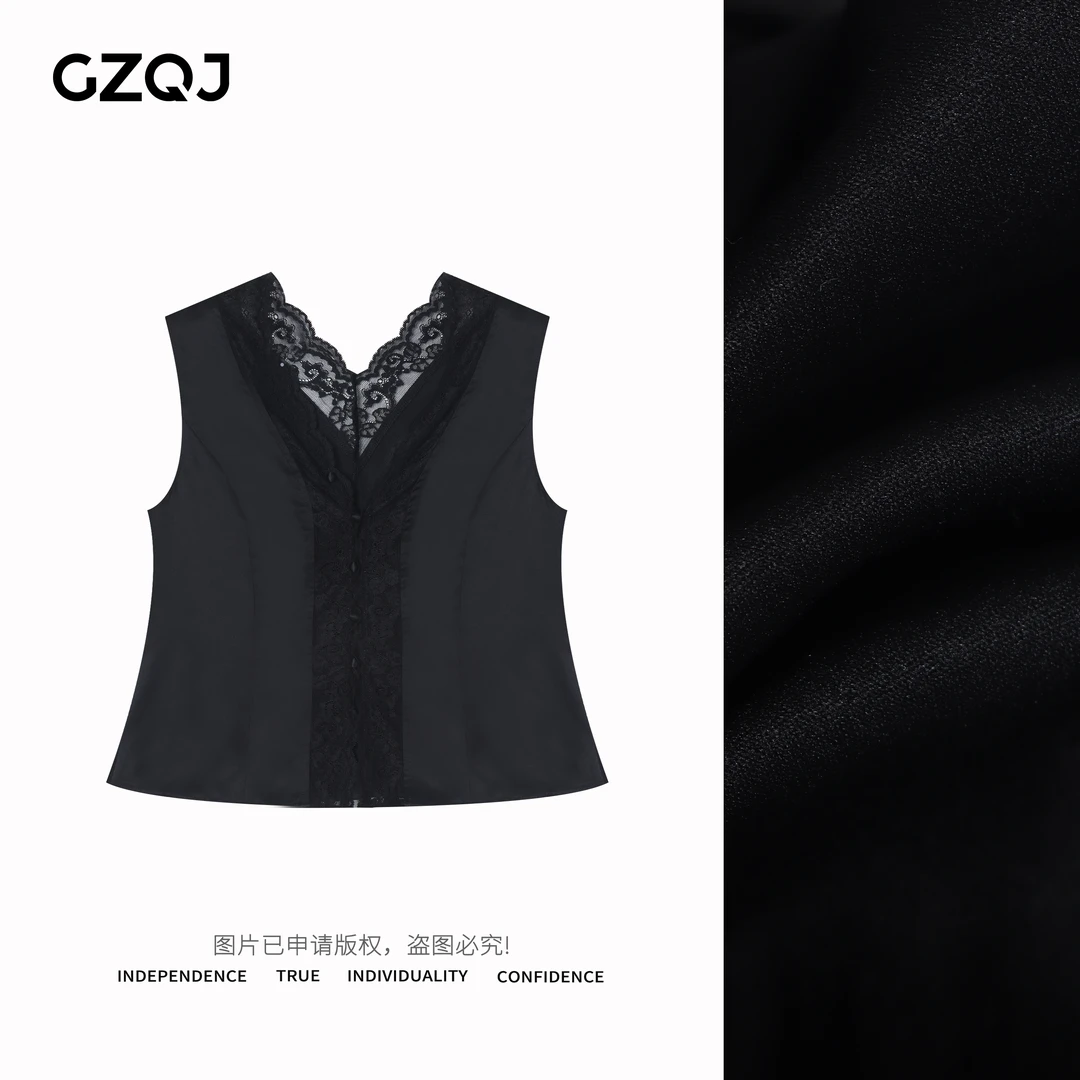 广州琴姐【流光蕾语】气质纯欲蕾丝拼接黑色V领背心无袖上衣女0817