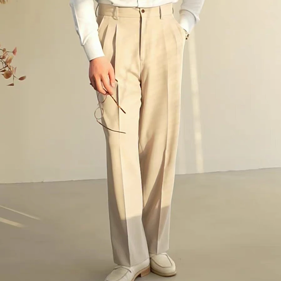 常发修峰卡其色高腰直筒西裤免烫百搭慵懒阔腿裤休闲通勤长裤男