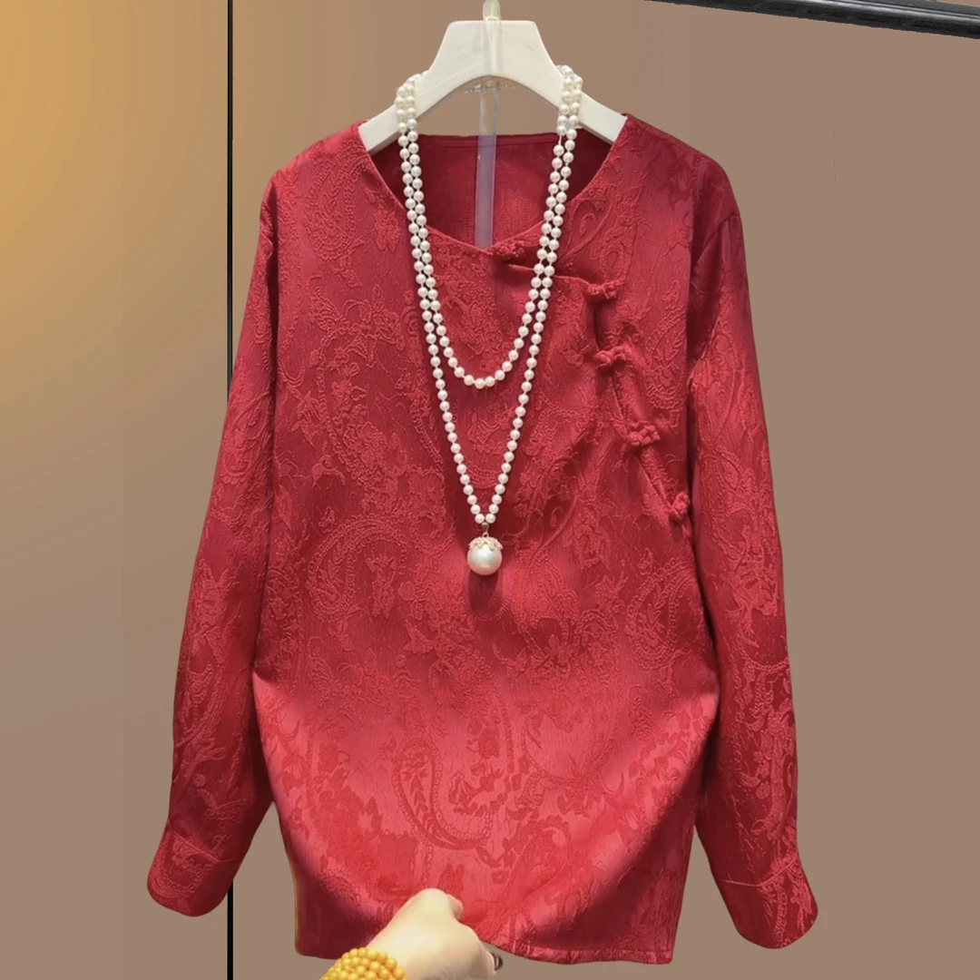 红色新中式大码女装胖妹妹遮肉显瘦国风上衣中长款打底衫大杉长69