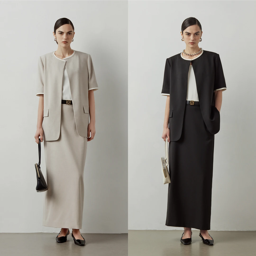 LYNEE 气质肌理感撞色边上衣圆领无扣短袖外套M码 LGD2ESW238