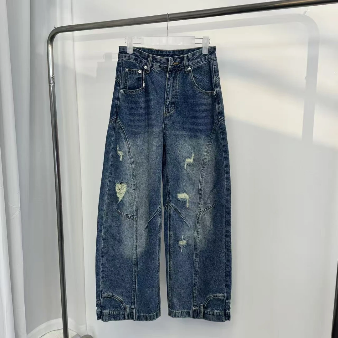 Sinbar Farm 新款重工水洗拼接设计感弯刀破洞牛仔裤女