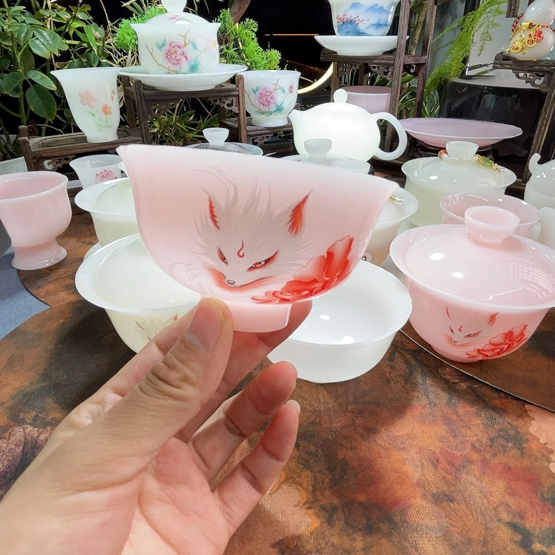 冰晶璞玉粉色九尾狐仙花口杯