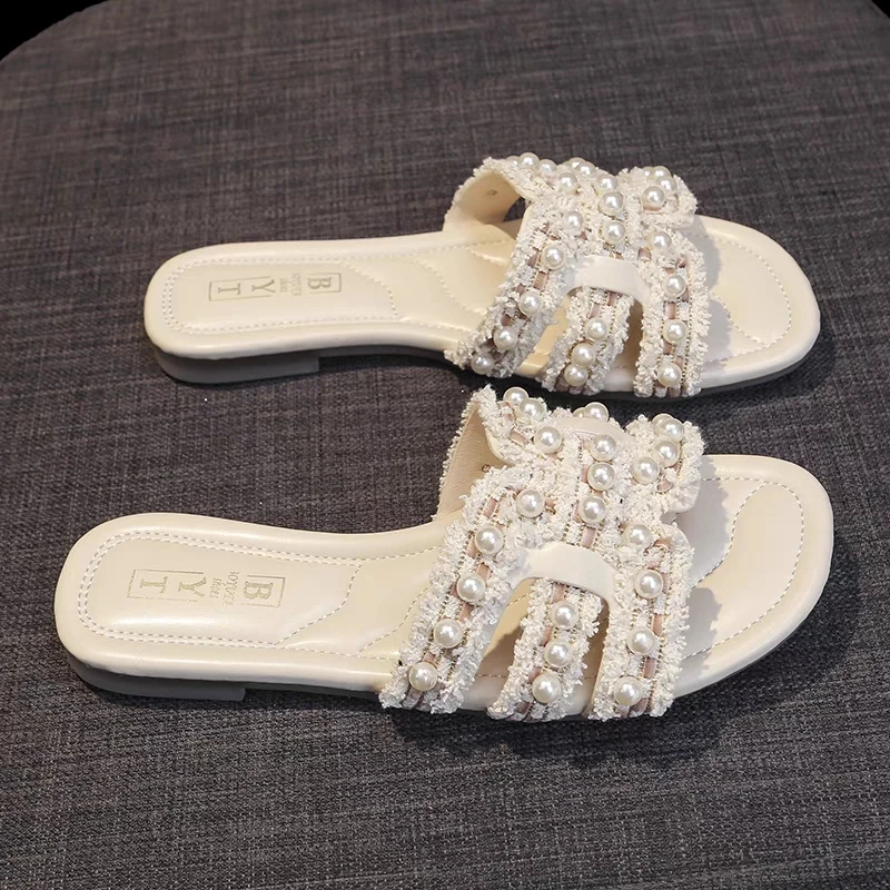 珍珠软底凉拖鞋新款一字拖小香风外穿仙女风2025新款夏季百搭拖鞋