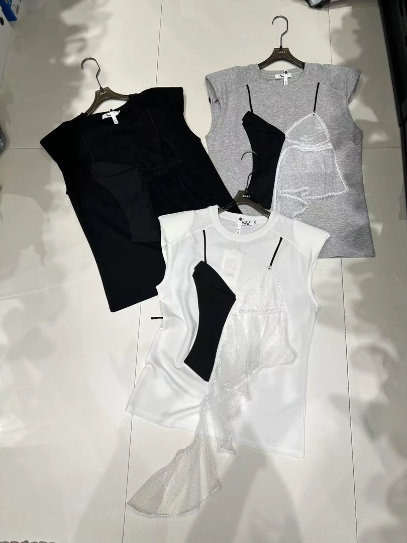 ASAY#3371夏季福利垫肩重工艺拼接假两件飞袖上衣，衣长：70cm