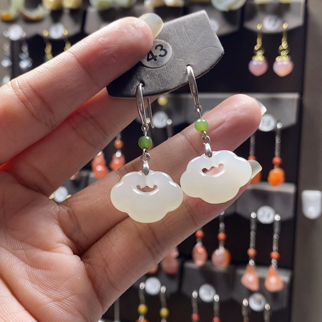 和田玉银S925镶嵌耳饰仙*