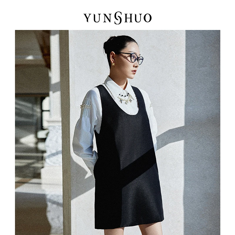 允硕时尚百搭黑色圆领背带裙女春秋新品背心裙气质连衣裙566412