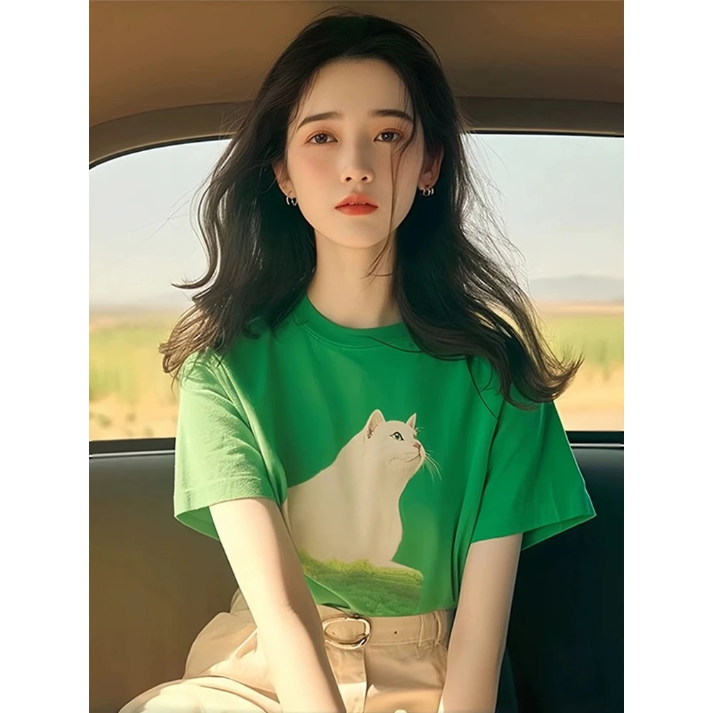 2025新爆款夏季多巴胺绿色卡通猫咪印花短袖T恤女别致绝美上衣女