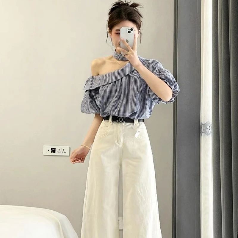2025夏季新款法式气质盐系穿搭格纹斜肩衬衫高腰宽裤两件式套装女