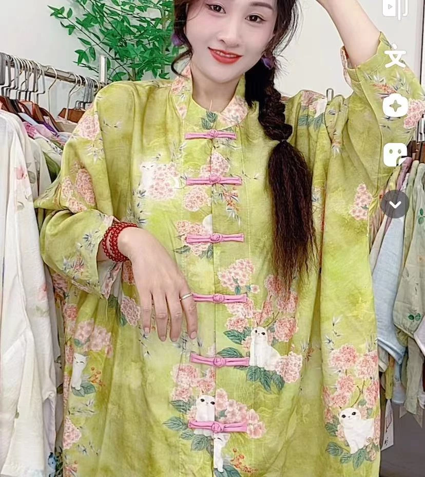 312 罩衫新中式绣球猫咪盘扣中国风立领薄款上衣防晒衣对襟女装