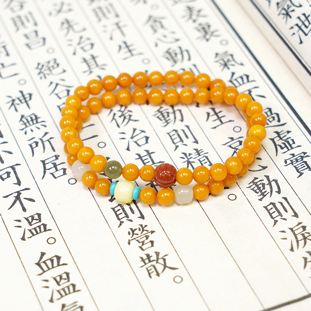 天然俄罗斯蜜蜡鸡油黄双圈手串QF-B90（多样性发一）