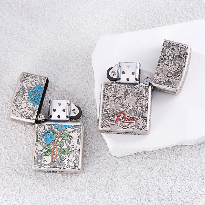 ZORRO佐罗彩绘（蓝玫瑰）花浮雕图案煤油打火机送男友高端