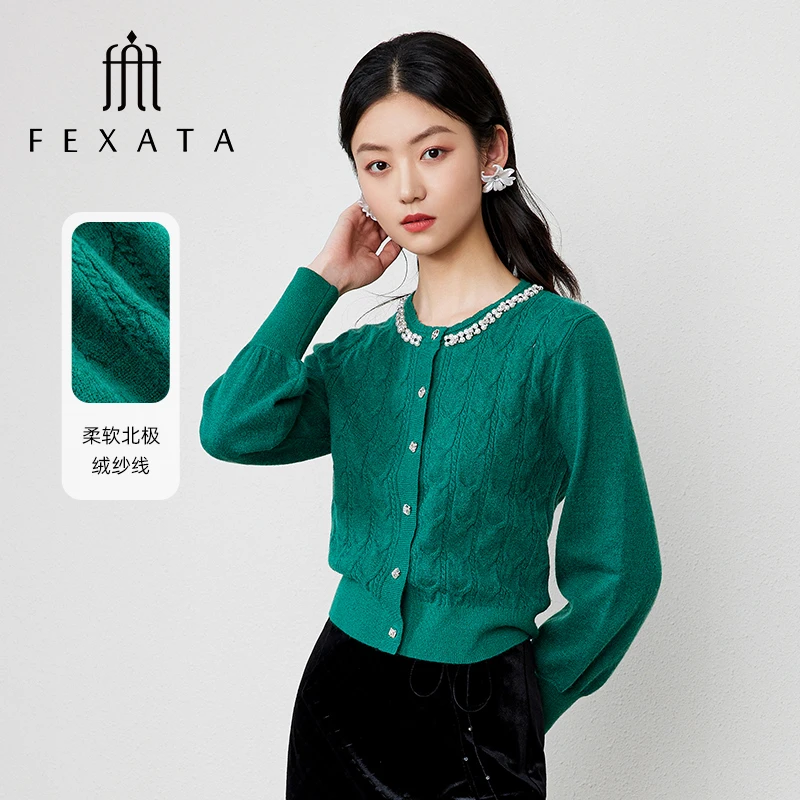 FEXATA斐格思2025秋季新款高级感钉珠圆领复古时髦针织开衫短外套