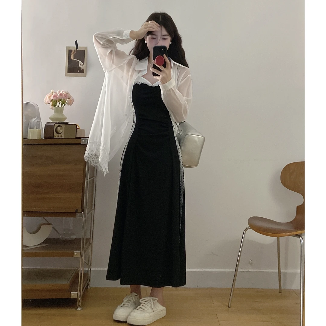 大码胖mm甜酷风蕾丝拼接针织吊带遮肉连衣裙+防晒开衫两件套