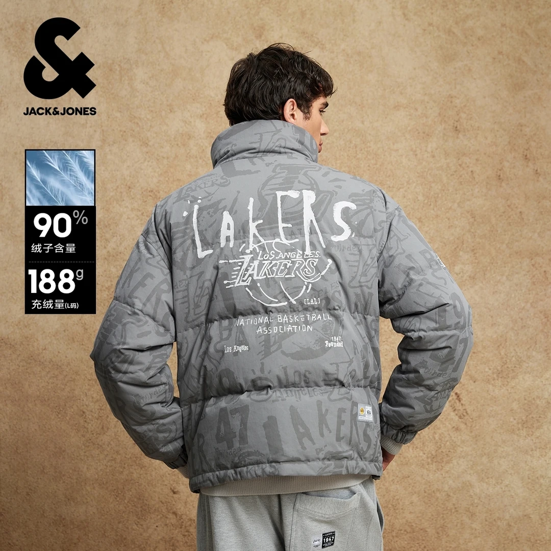 杰克琼斯NBA联名湖人队男装冬季羽绒服宽松立领满印运动风外套