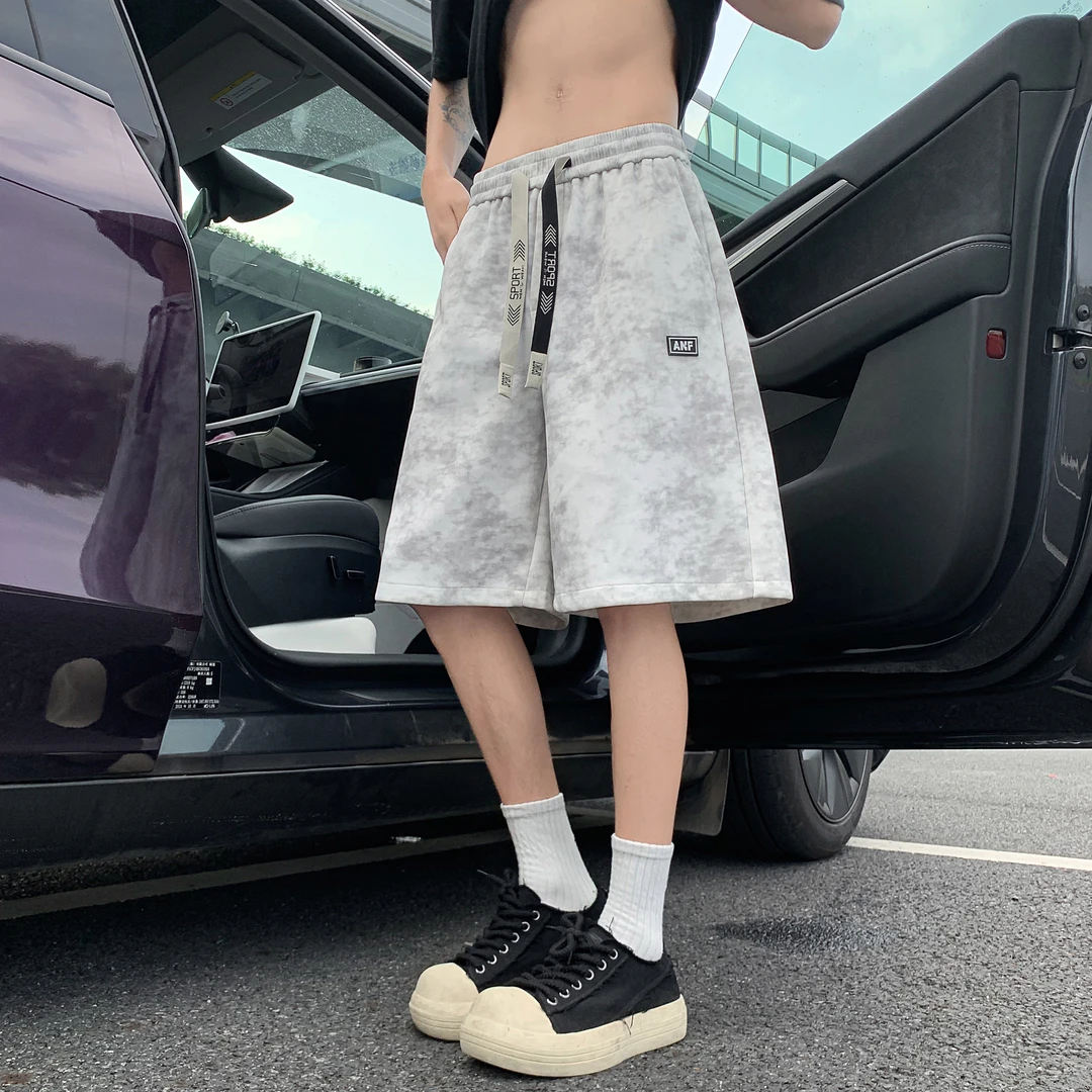 扎染脏脏灰运动短裤男夏季薄款潮牌美式休闲裤宽松阔腿外穿五分裤
