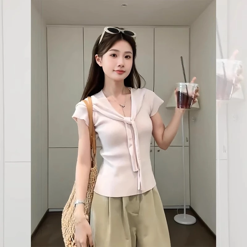 小香风粉色披肩v领针织冰丝短袖t恤女夏季超好看温柔独特短款上衣