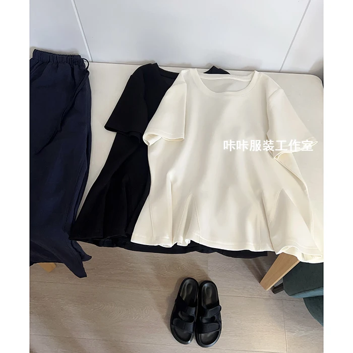 REKAYYAT“浪花”韩系百搭时尚洋气爽滑空气层荷叶边短袖T恤