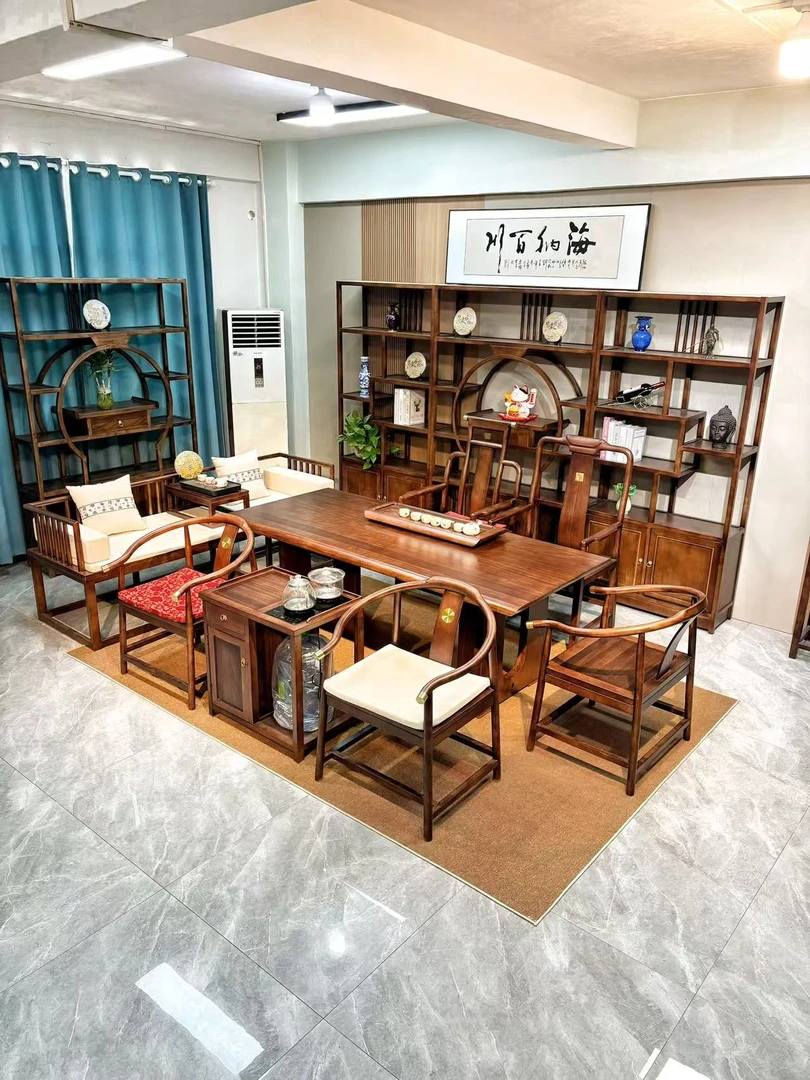 【茶意阁】乌金木新中式大板茶桌一主四客干泡茶台一体整套泡茶桌