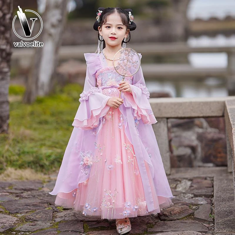 VALVOELITE汉服女童连衣裙2025新款古装裙子古风中大童长袖公主裙