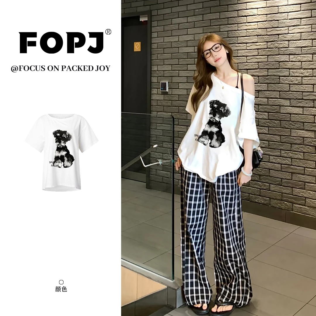 FOPJ韩版新款斜肩短袖T恤女夏季印花设计宽松显瘦百搭慵懒风上衣