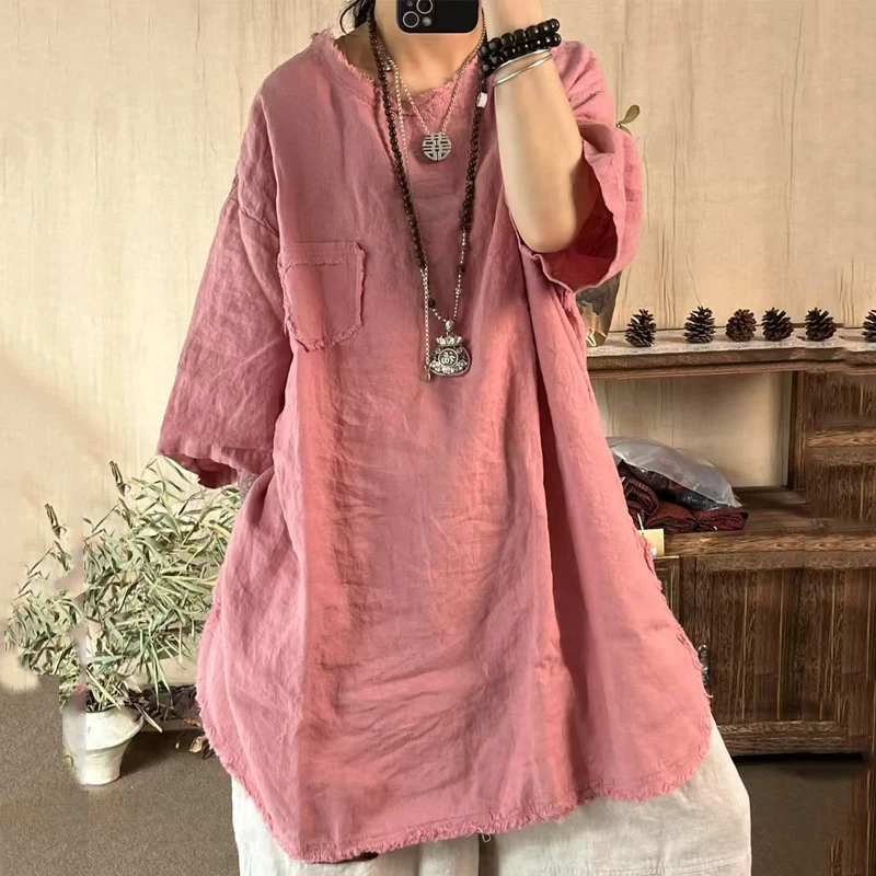 2025新款做旧亚麻套头毛边女装上衣中长款  围140 长82