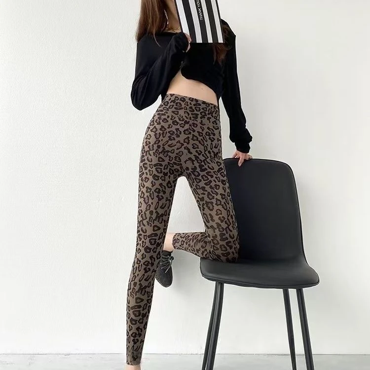 豹纹鲨鱼皮欧美打底裤女外穿显瘦高腰弹力收腹提臀性感瑜伽九分裤