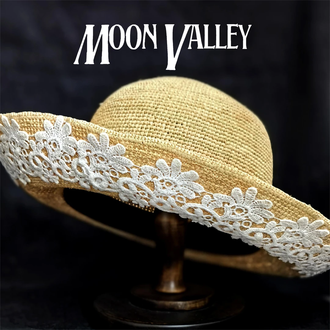 Moon Valley CA新款拉菲草纯手工编织精致绣花大檐遮阳帽 MV6750