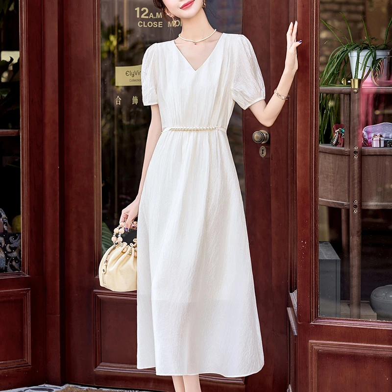 巨好看的连衣裙2025夏季新款爆款简单大气A字长裙收腰显瘦雪纺裙