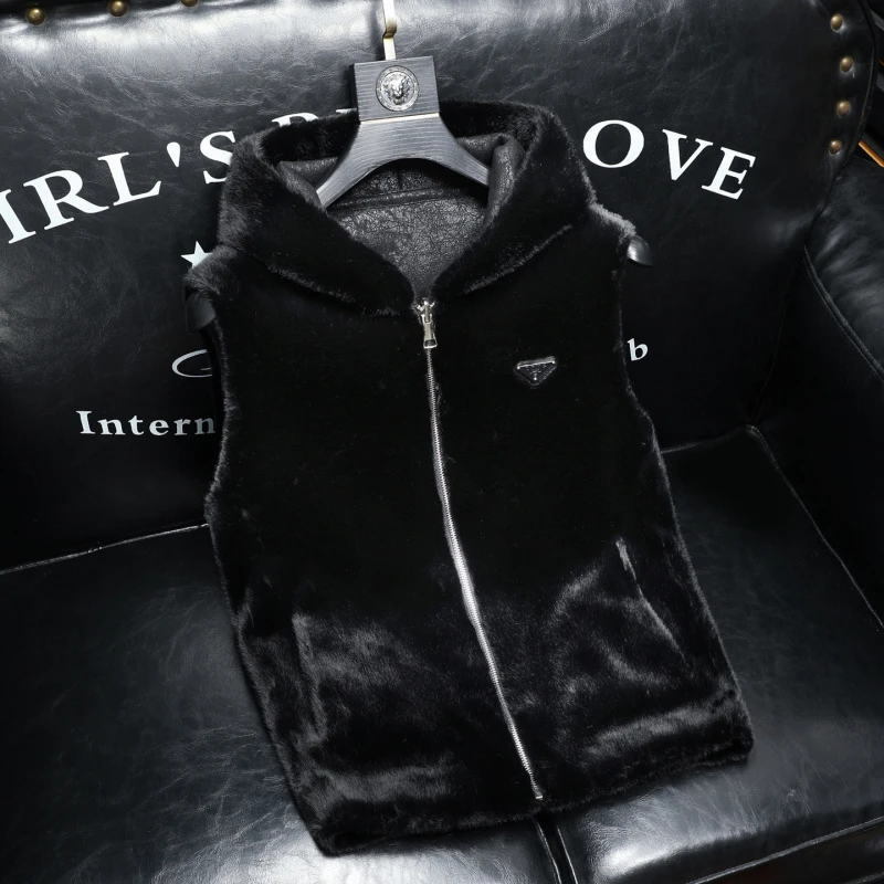 吉伦略索冬季皮毛马甲男仿貂绒无袖连帽皮草背心双面两面穿外套