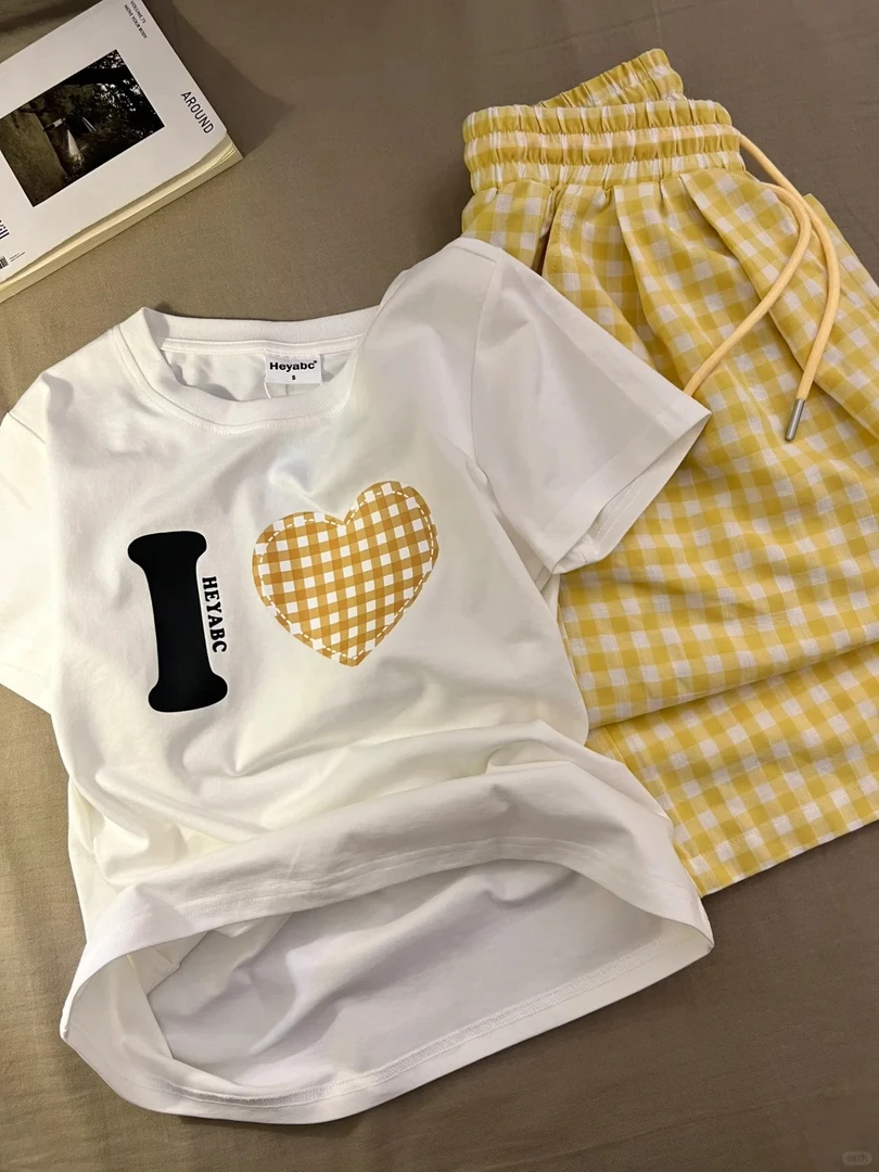 【DMXJ大梦想家】甜美爱心印花睡衣女夏日2025新款格纹长裤显白套装