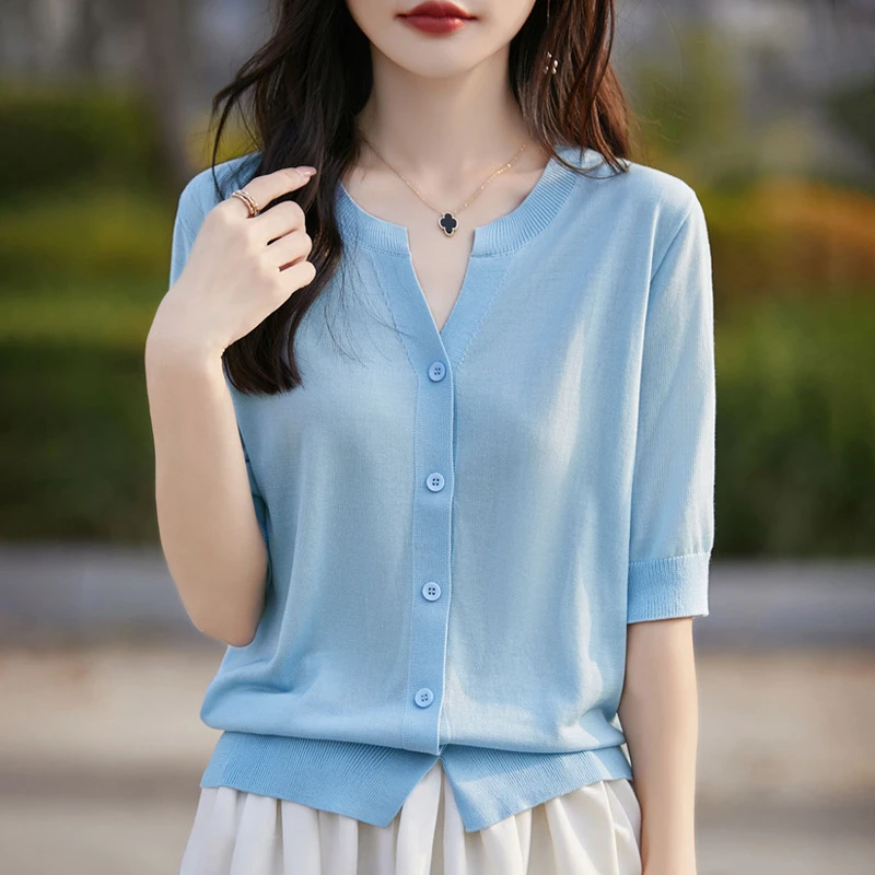 天丝五分袖针织衫女开衫剪刀领宽松显瘦外搭新款简约百搭半袖上衣