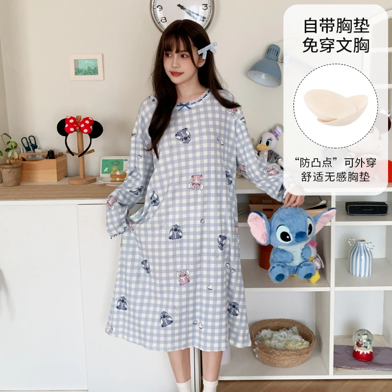 Disney/迪士尼秋季长袖睡裙带胸垫日系风印染格子宽松家居服0157