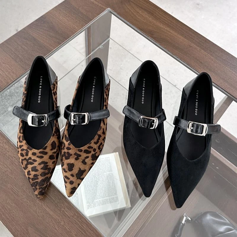 气质复古豹纹单鞋女春季新款低跟浅口尖头一字扣带玛丽珍女鞋