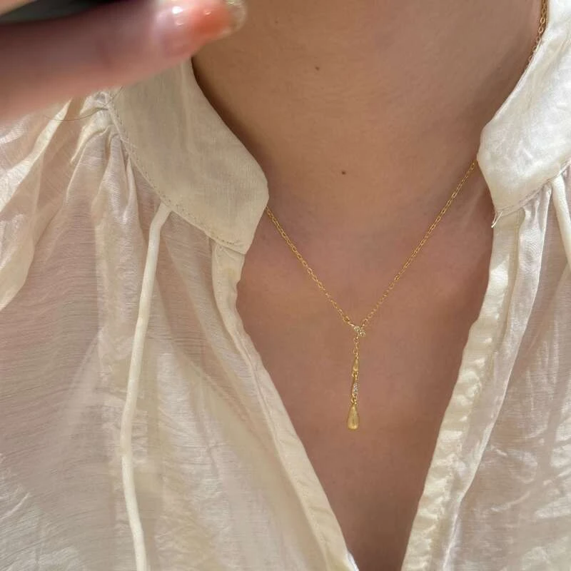 铜合金项链 Y字拉丝悬浮水滴项链锁骨链 X001