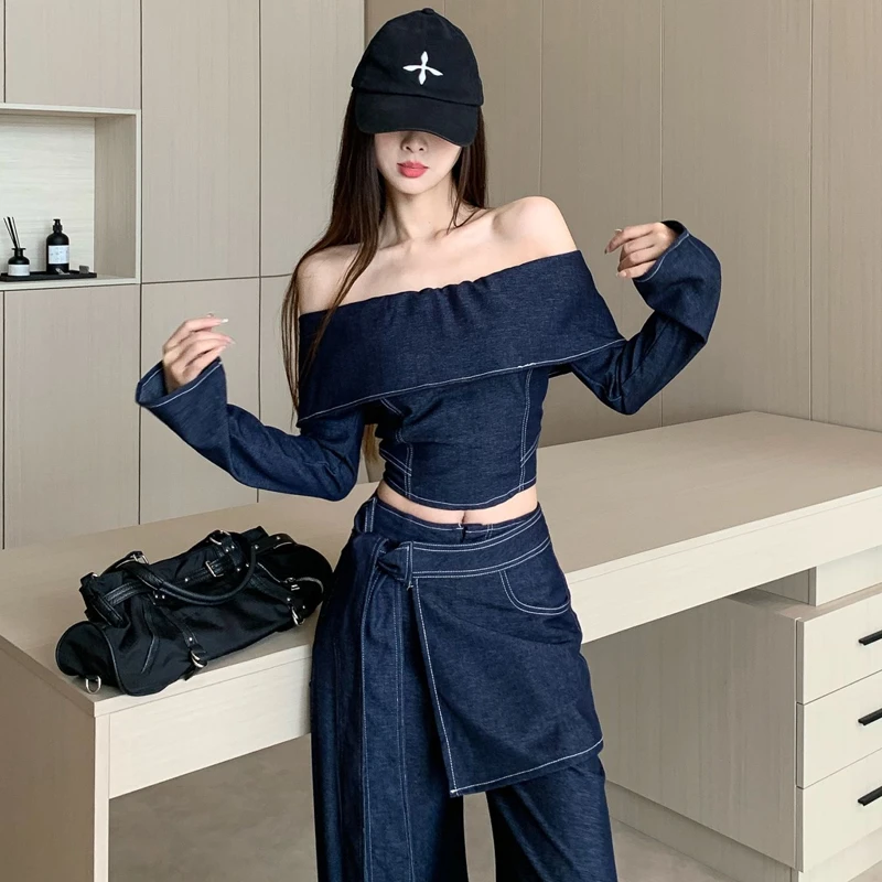 春季新款美式复古牛仔套装女露肩一字领短款上衣屁帘阔腿裤三件套