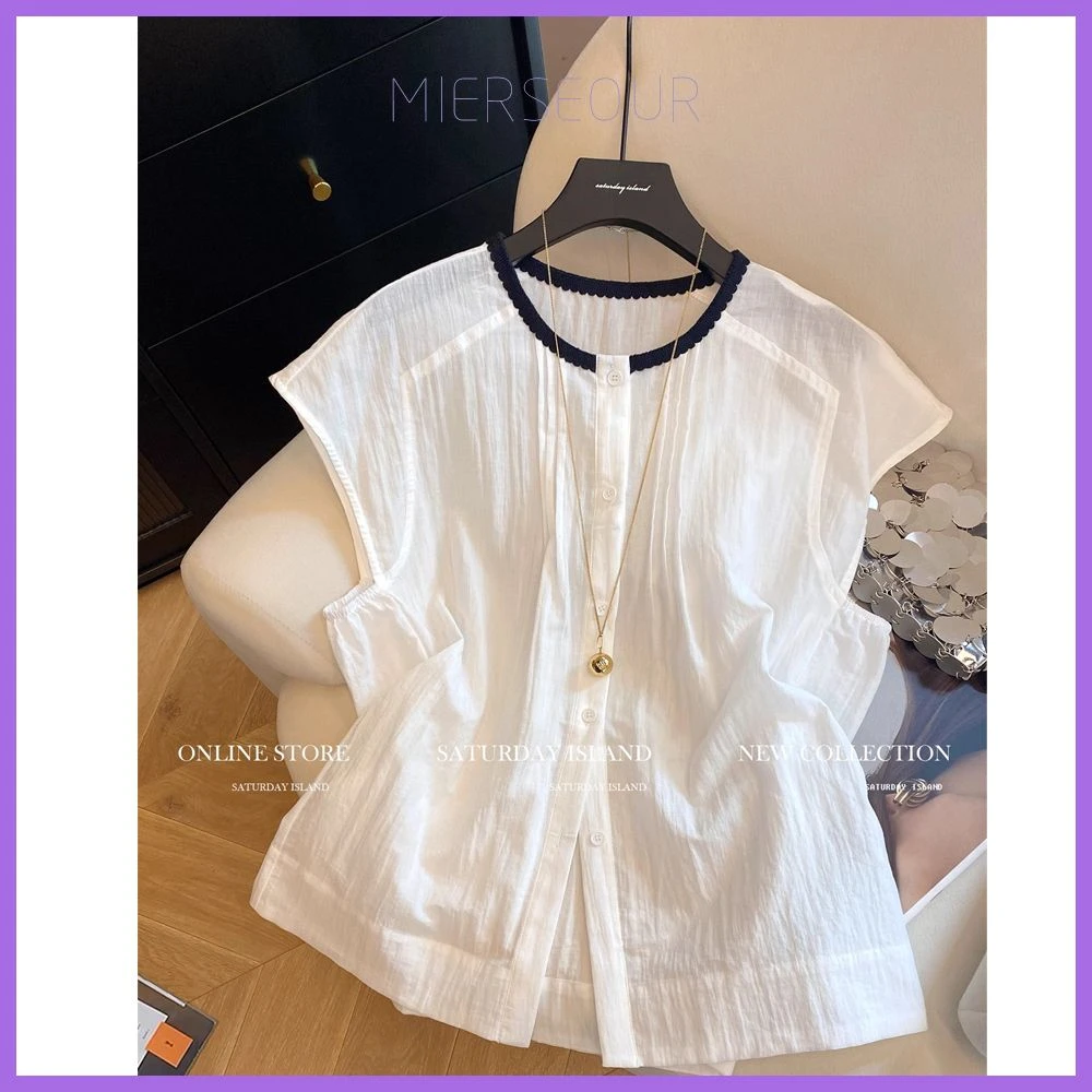 高级感撞色小飞袖衬衫女薄款透气显瘦洋气圆领小衫上衣A797