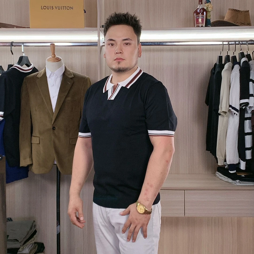 夏装透气男士拼色POLO衫V领弹力针织短袖休闲时尚设计师