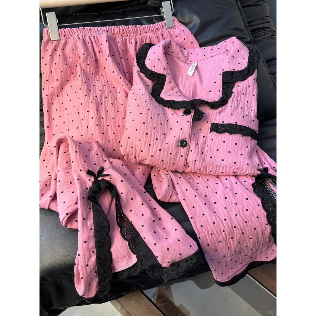 【波点蕾丝】纯欲风甜美少女棉纱睡衣套装女春秋季新款长袖家居服