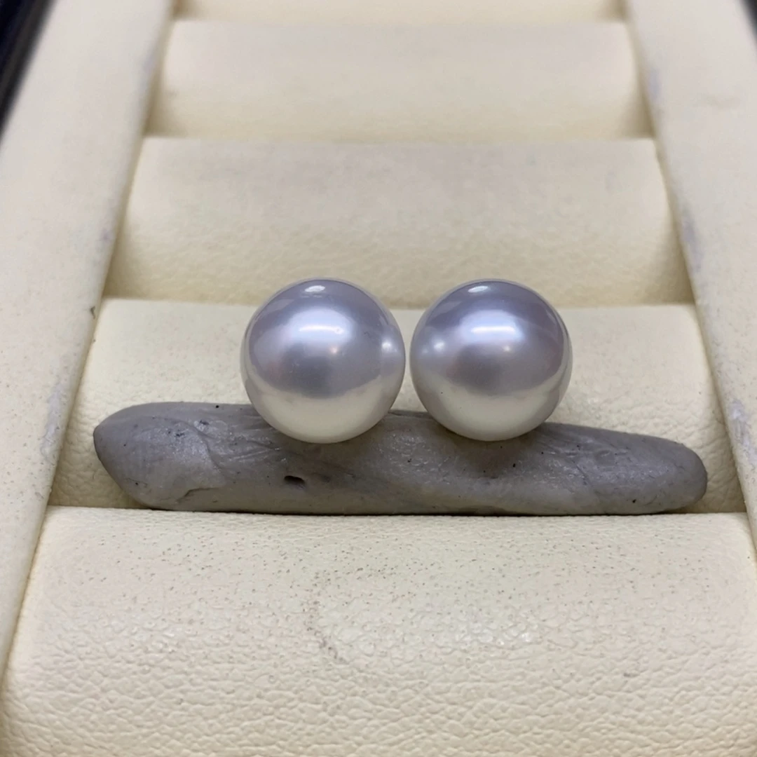 银S925镶嵌耳饰海水珍珠澳白素钉9-10m m