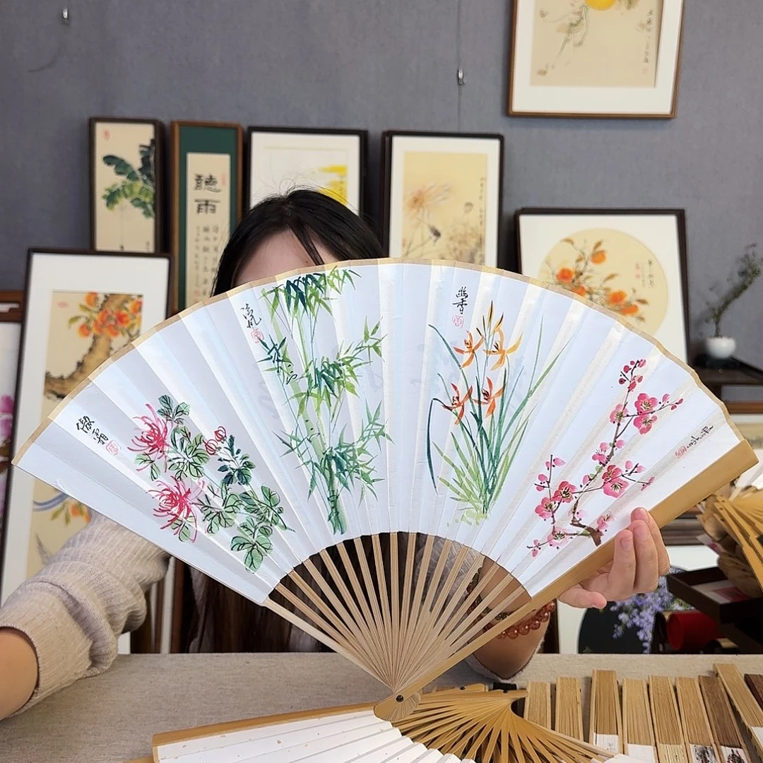 国画95寸水磨玉竹纯手绘-文玩扇骨（默认粘好）