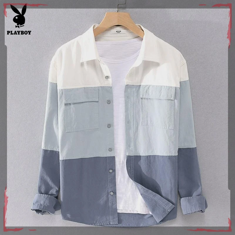 花花公子纯棉衬衫男拼接宽松新款痞帅高级感内搭外穿衬衣长袖外套