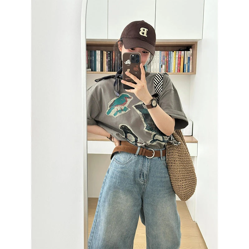 韩系高级洋气休闲百搭小鸟印花圆领短袖上衣高腰直筒牛仔裤八分裤
