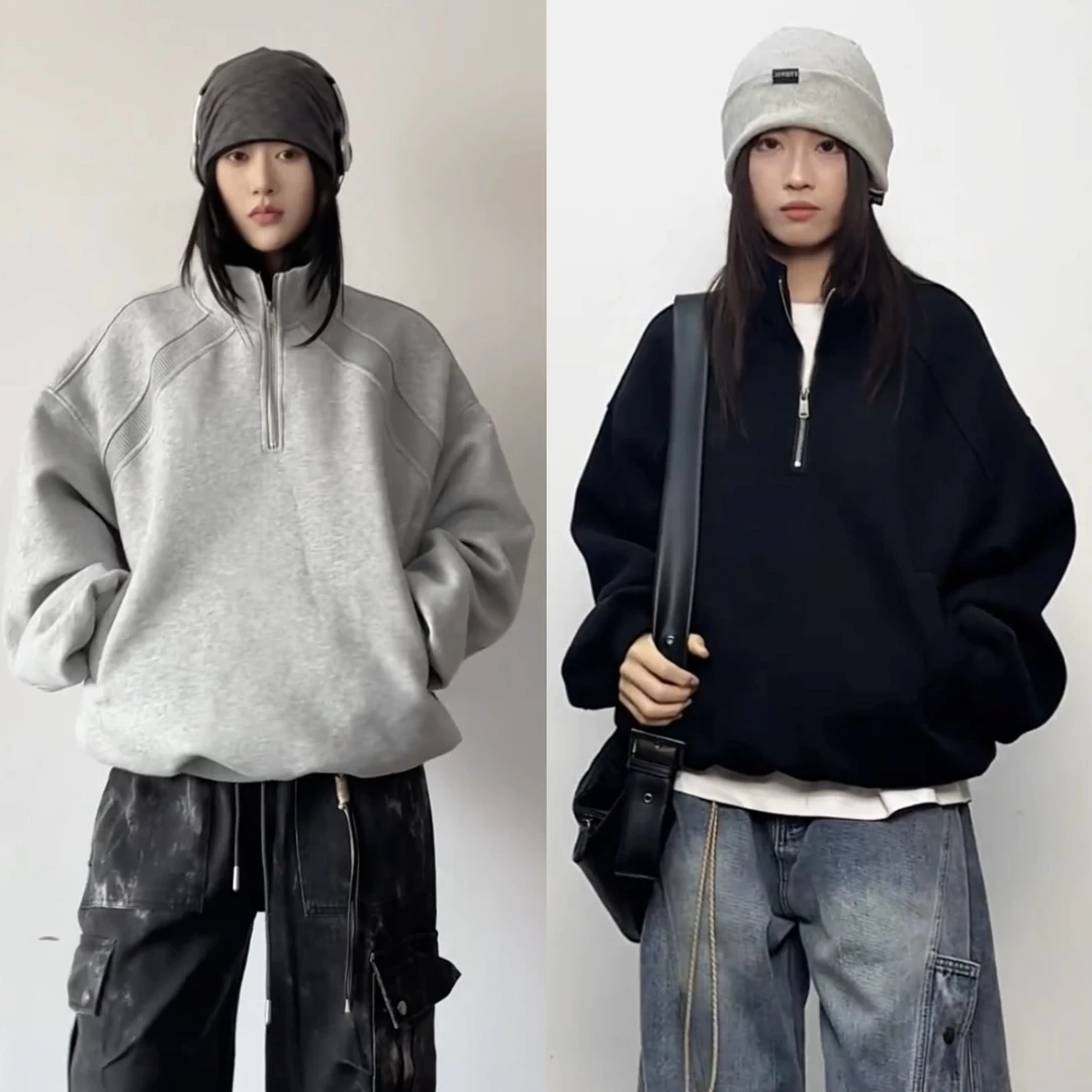 秋季新款潮牌解构半拉链卫衣情侣同款高级感痞帅宽松休闲套头上衣