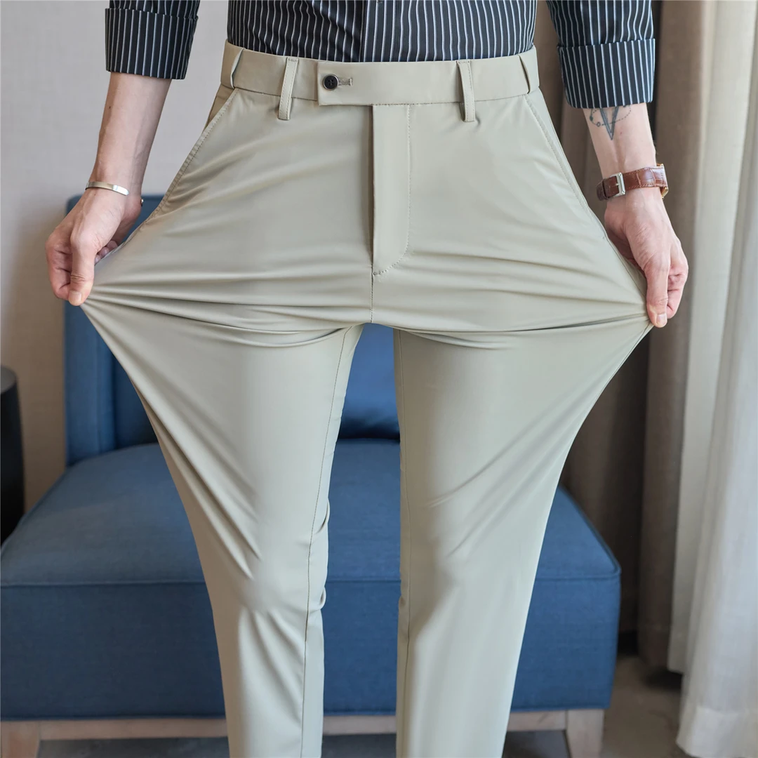 轻薄隐形松紧腰高弹力冰丝垂感休闲西裤男九分裤卡其色直筒西裤