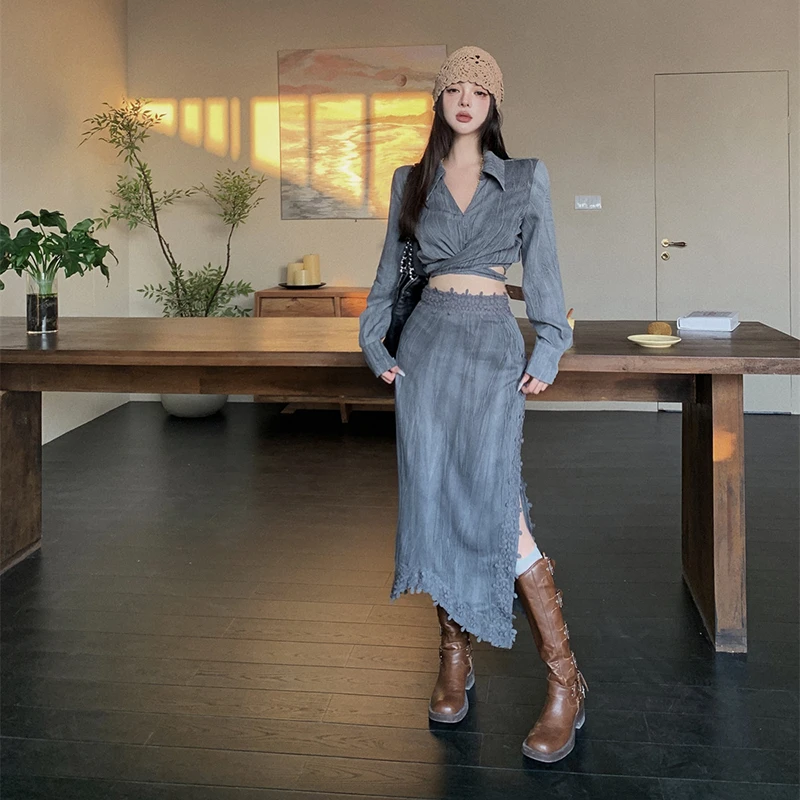 纯色高级感时尚套装女早秋设计感长袖衬衫半身裙子两件套