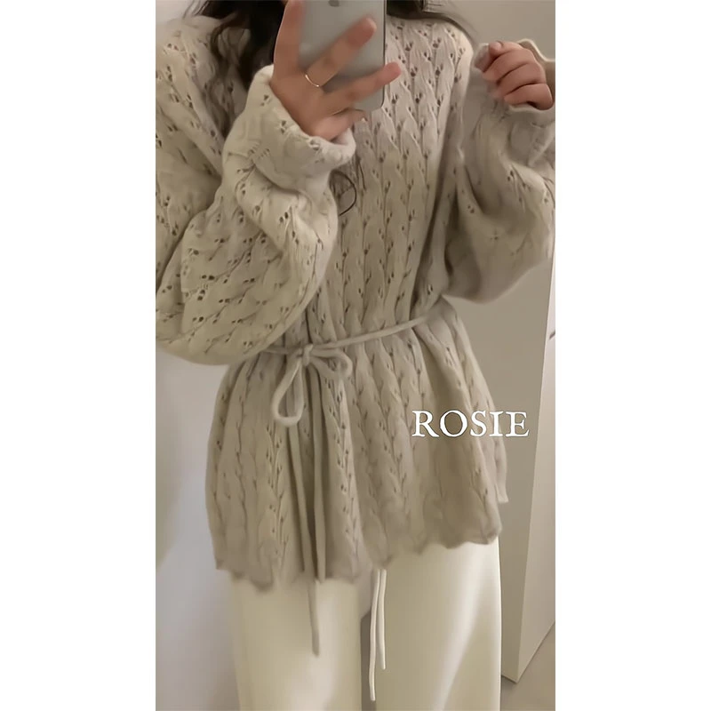 高级感韩系时尚针织衫宽松气质漂亮系带收腰镂空上衣宽松阔腿裤