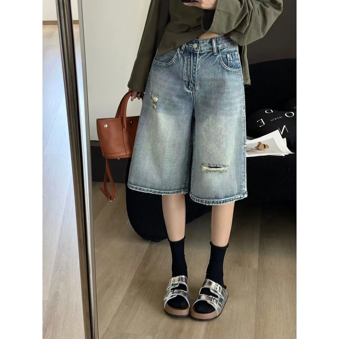 SP 蓝色做旧水洗牛仔中裤女夏季新款百搭高腰显瘦直筒五分裤