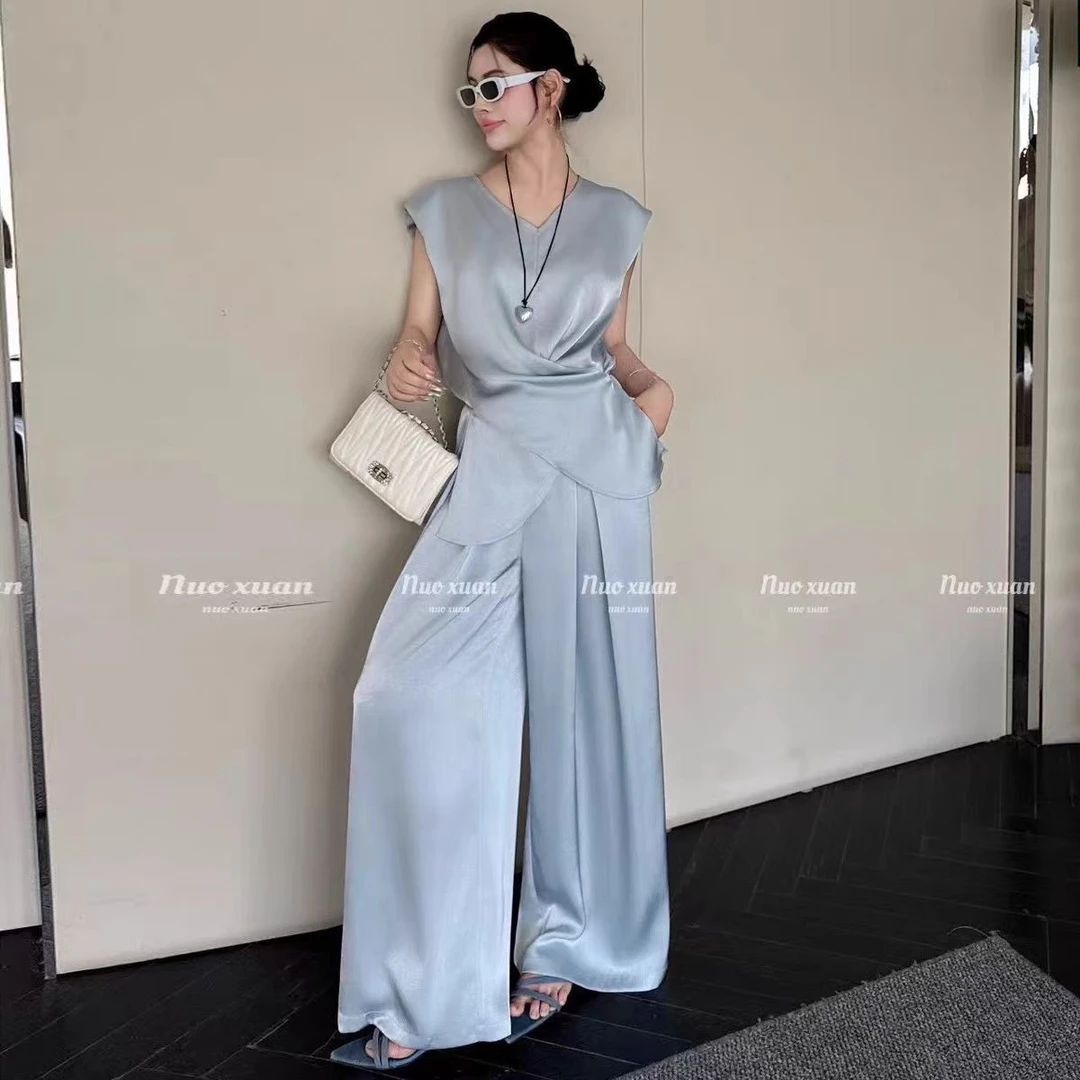 垫肩V领无袖上衣缎面阔腿裤两件套8565.(衣长63裤长101).03443